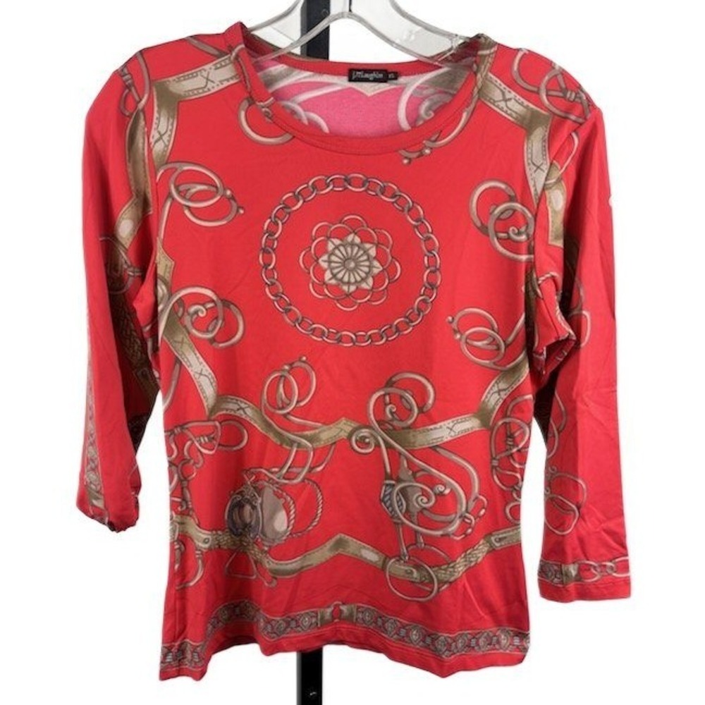Classic J.McLaughlin Red Equestrian 3/4 Sleeve Top Blouse Size XS